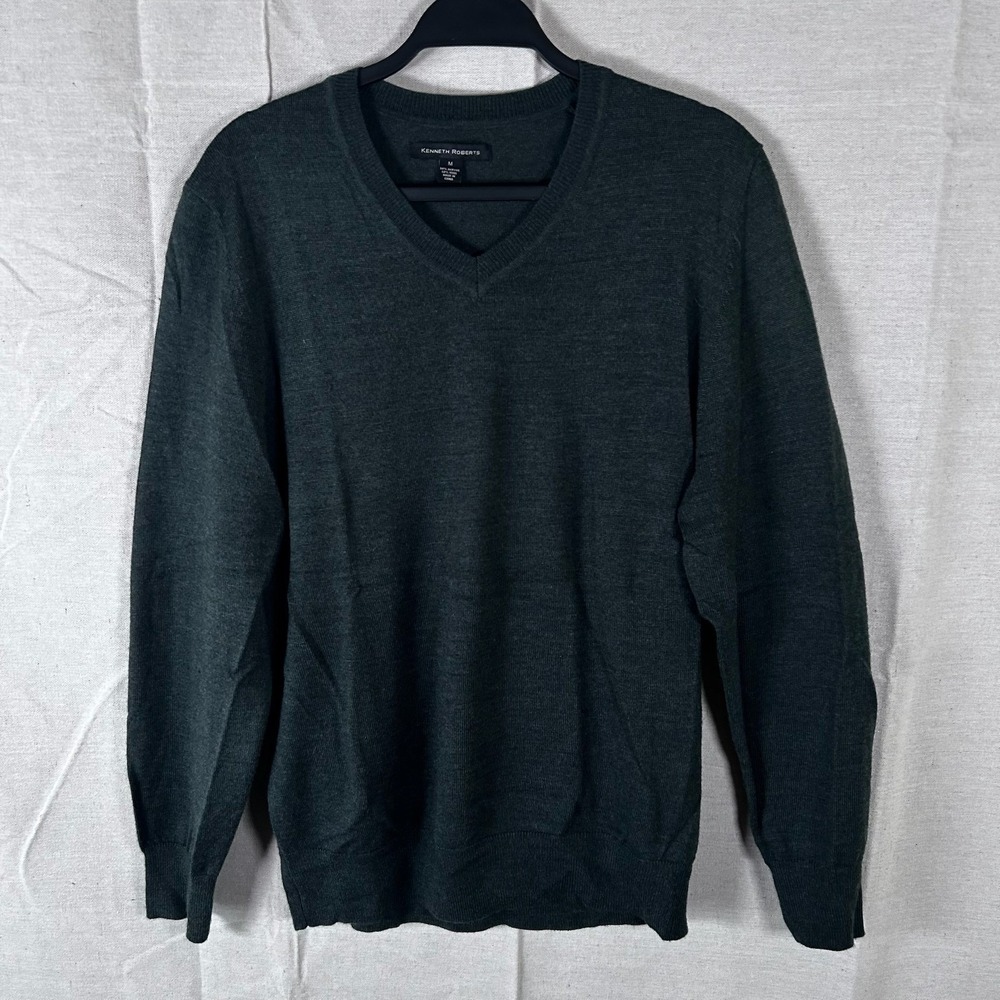 Kenneth Roberts Mens V-Neck Wool Blend Sweater‎ Dark Green Charcoal Medium